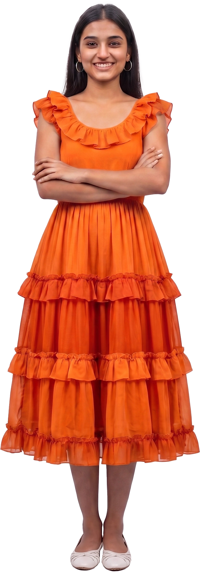 Smiling student in an orange dress standing in front of the Singapore skyline